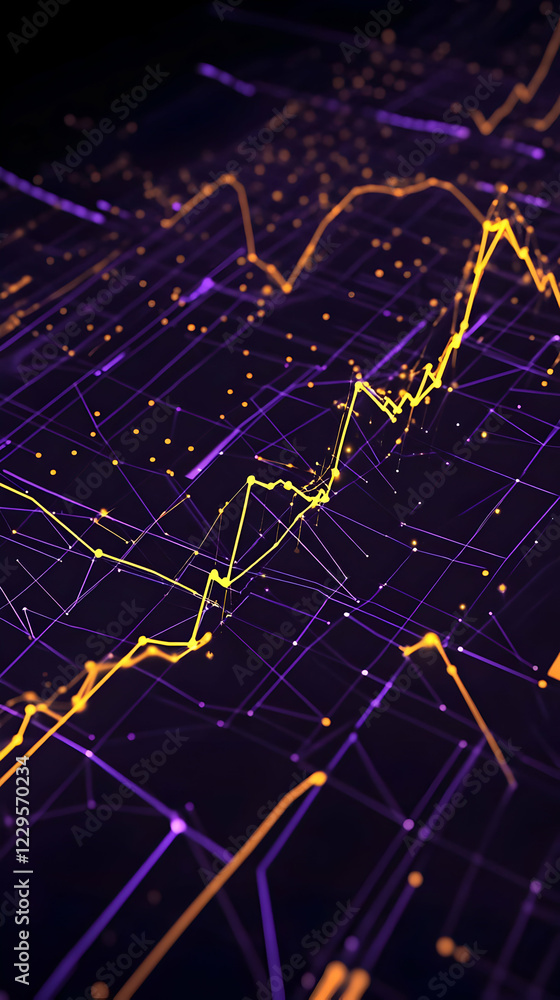 Aufkleber abstract 3d illustration of glowing lines and data points showing trends and connections with purple