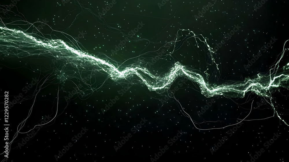 Poster abstract green energy flow forms a wavy line in a dark background with sparsely scattered dots