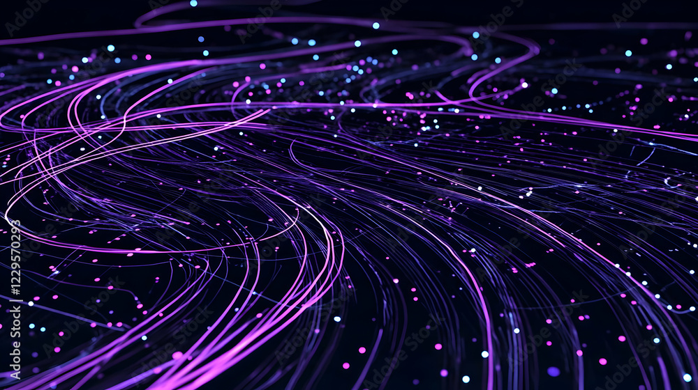 Poster abstract background with glowing purple lines flowing dynamically on black background.