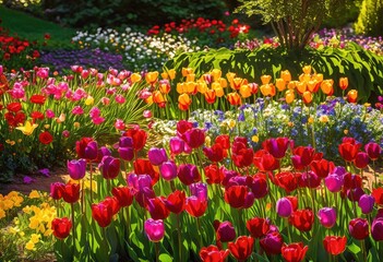 vibrant flower beds abloom colorful blossoms glimmering sunlight enthralling splendor, garden, petal, landscape, nature, beauty, spring, summer, flora