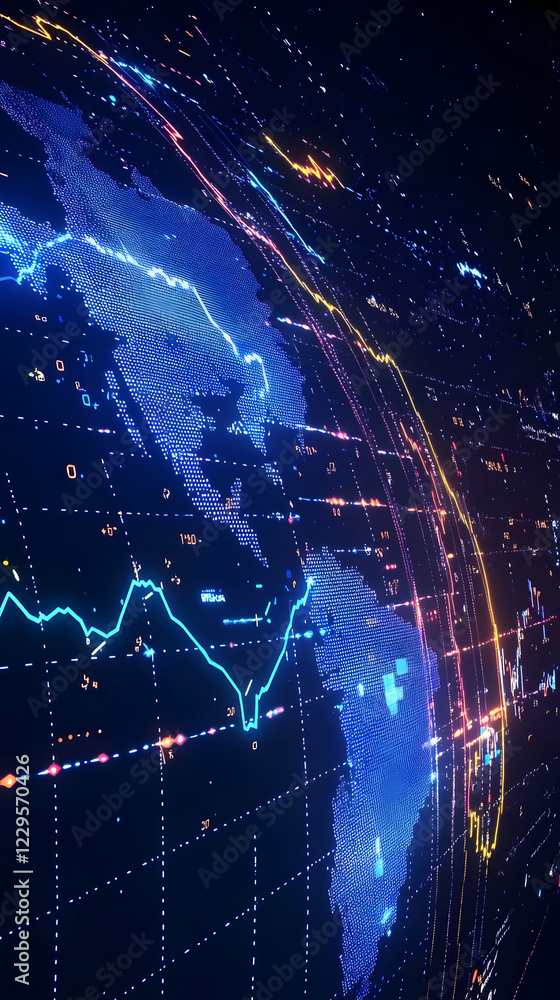 Poster global financial data visualization shows market trends on a 3d world map with glowing lines and num