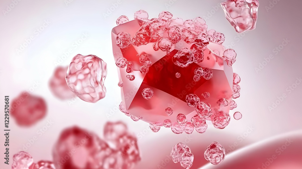 Poster microscopic view of abstract crystal form with transparent bubbles attached scientifically, digitall