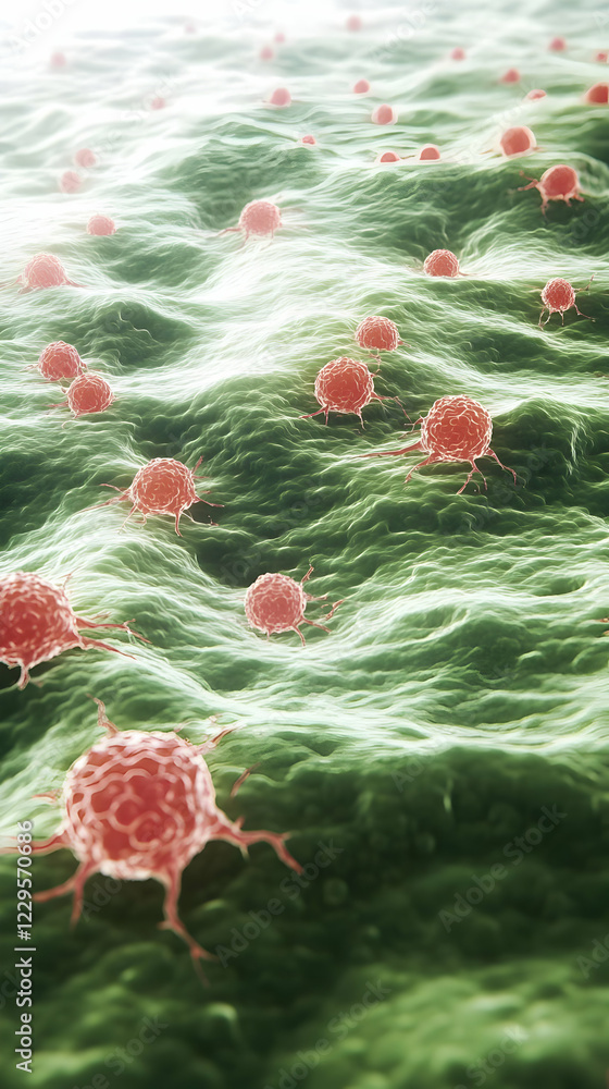 Poster microscopic view of cells spreading across a green surface with detailed textures and structures