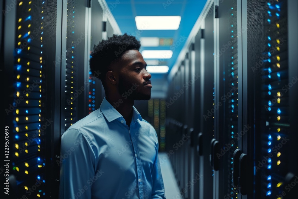 Poster it engineer working in network server room, checking hardware equipment