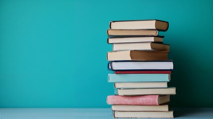 Fototapeta premium Stack of books against turquoise wall with copy space. Perfect for education, learning, and literary concepts.