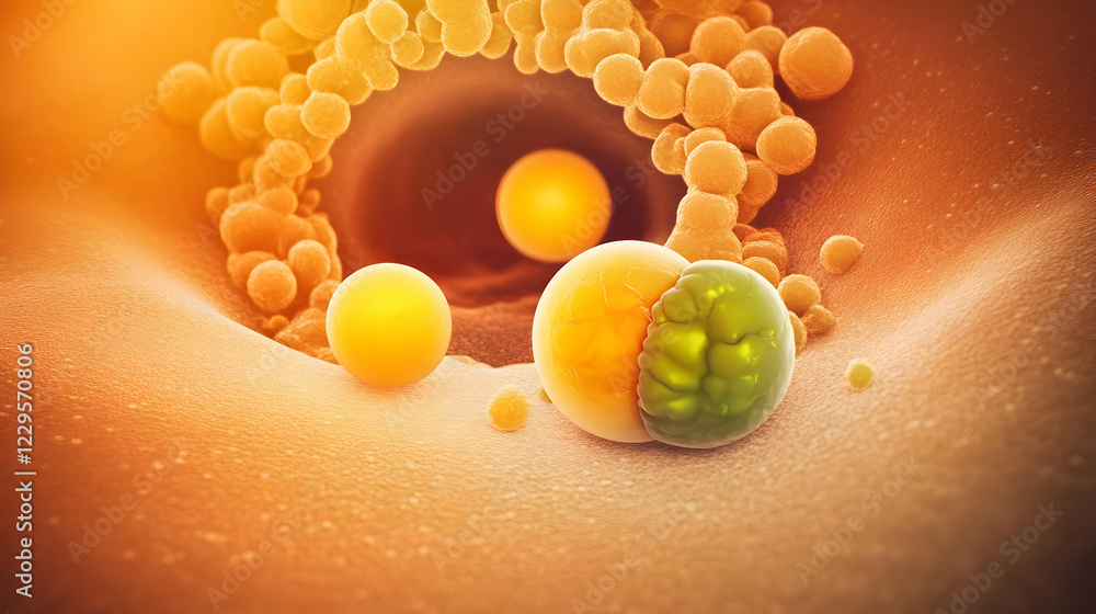 Poster microscopic view of cell division and multiplication process in biology, showing dynamic cellular ac