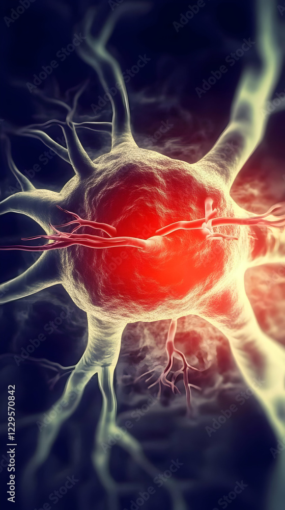 Poster 3d rendered neuron cell with dendrites and axon actively transmitting signals vividly.