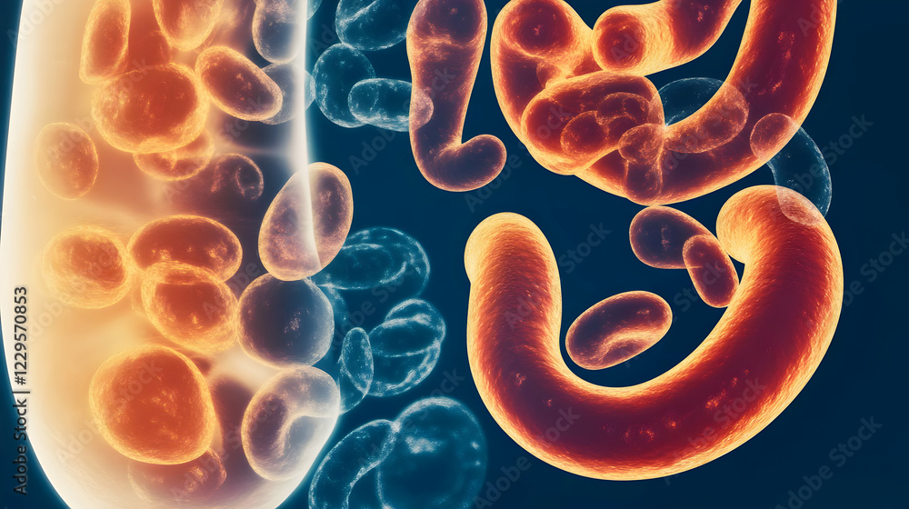 Poster microscopic view of cells and microorganisms interacting in a biological environment.