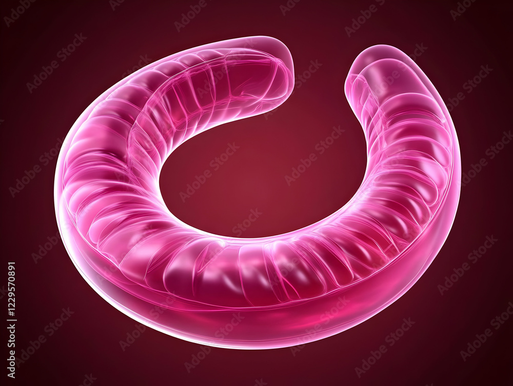 Poster 3d render of a pink translucent torus with ridges on a dark background