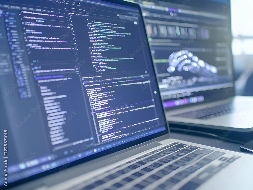 Poster laptop displays lines of code in a darkened room with blurred background