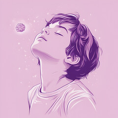 kid vector image who sees hope because cancer will be eventually cured. Background should be light purple