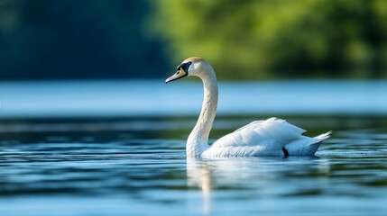 Obraz premium White swan gliding on calm water surface. Ideal for wildlife, natural grace, and water bird photography.