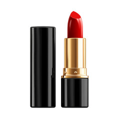 Obraz premium A single tube of classic red lipstick with a black case and gold accents is shown against a black background.