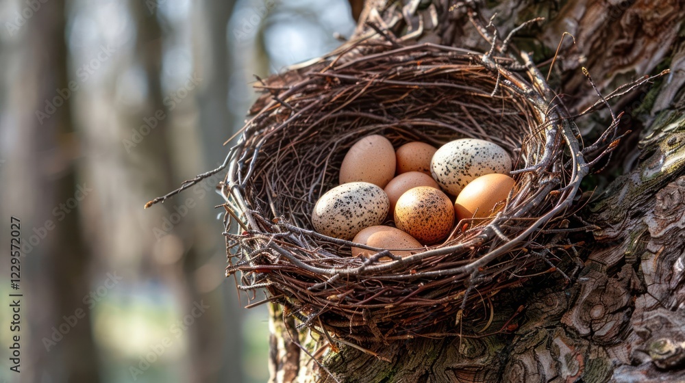 Poster close-up of a bird's nest with various eggs nestled in a tree, surrounded by a serene forest backdro