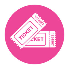Ticket icon set. Ticket vector icon in pink colour circle  isolated on white background. Flat style symbol sign template with logo design. Vector illustration. 