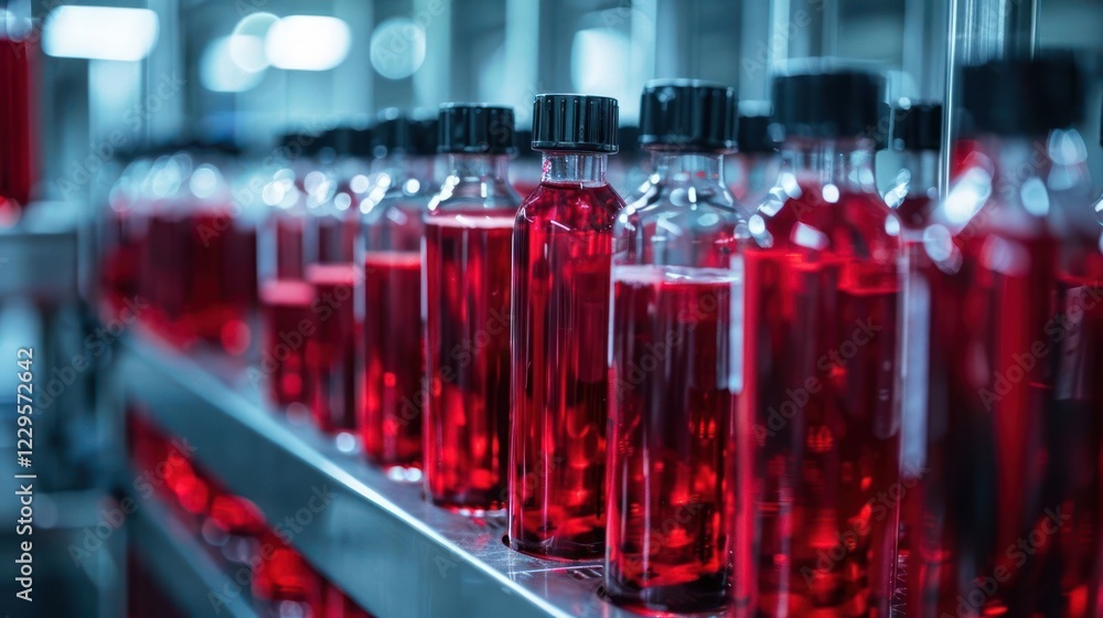 Poster bottles of vibrant red liquid lined up on a production line in a factory setting