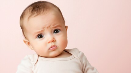 Naklejka premium Portrait of a Baby Girl with Pensive Expression Against a Pink Background