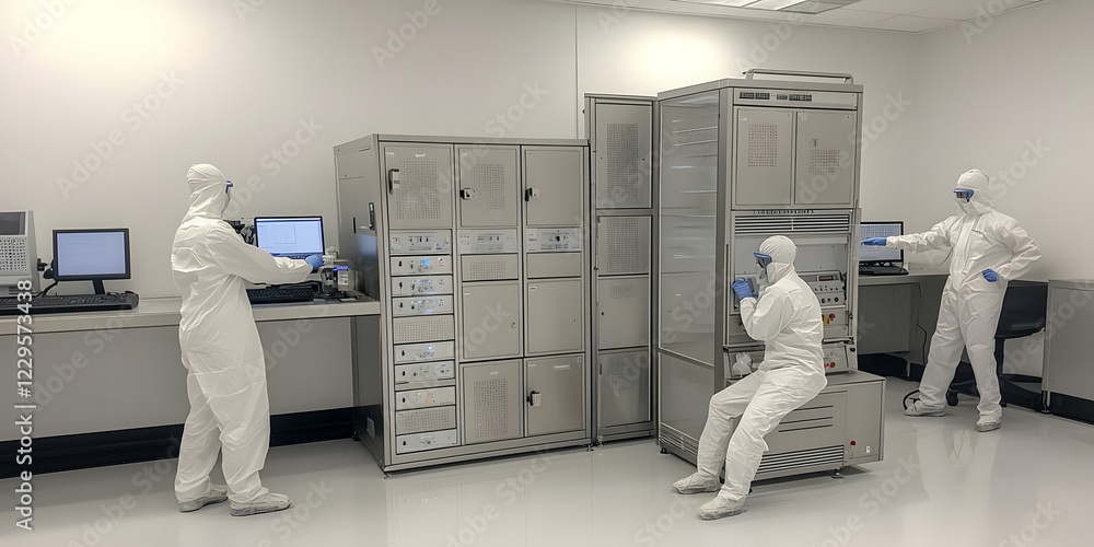 Poster scientists conduct research in controlled environment using advanced equipment and computers.