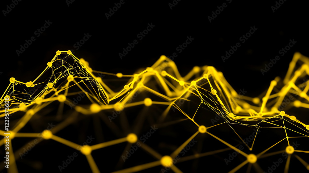 Poster Abstract 3D Yellow Network Structure Glows on a Dark Background with Dynamic Lines and Nodes.