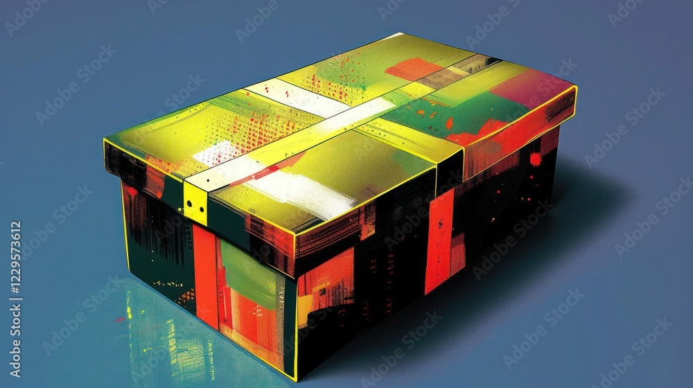 Poster abstract colorful box with vibrant patterns on a smooth surface, showcasing artistic design