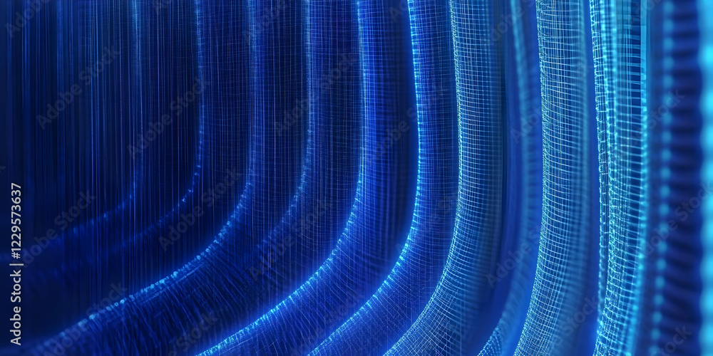 Poster abstract blue digital grid waves flow smoothly in a dark background