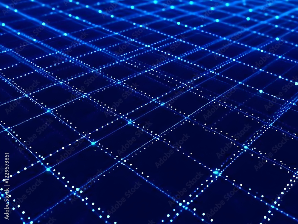 Poster abstract blue grid background with glowing lines and dots creates a futuristic network design