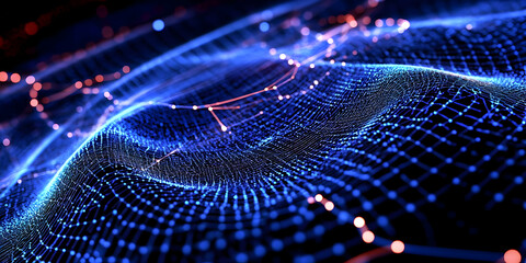 Abstract Blue Wavy Mesh Network Glows with Interconnected Nodes and Data Flow Dynamically