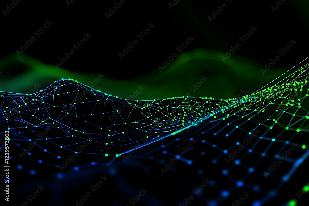 Poster abstract 3d network connects glowing points forming a dynamic wave on a dark background.