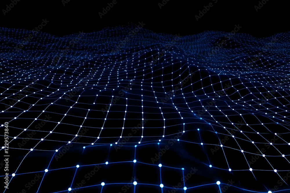 Poster abstract 3d blue glowing grid network flows smoothly on a dark background.
