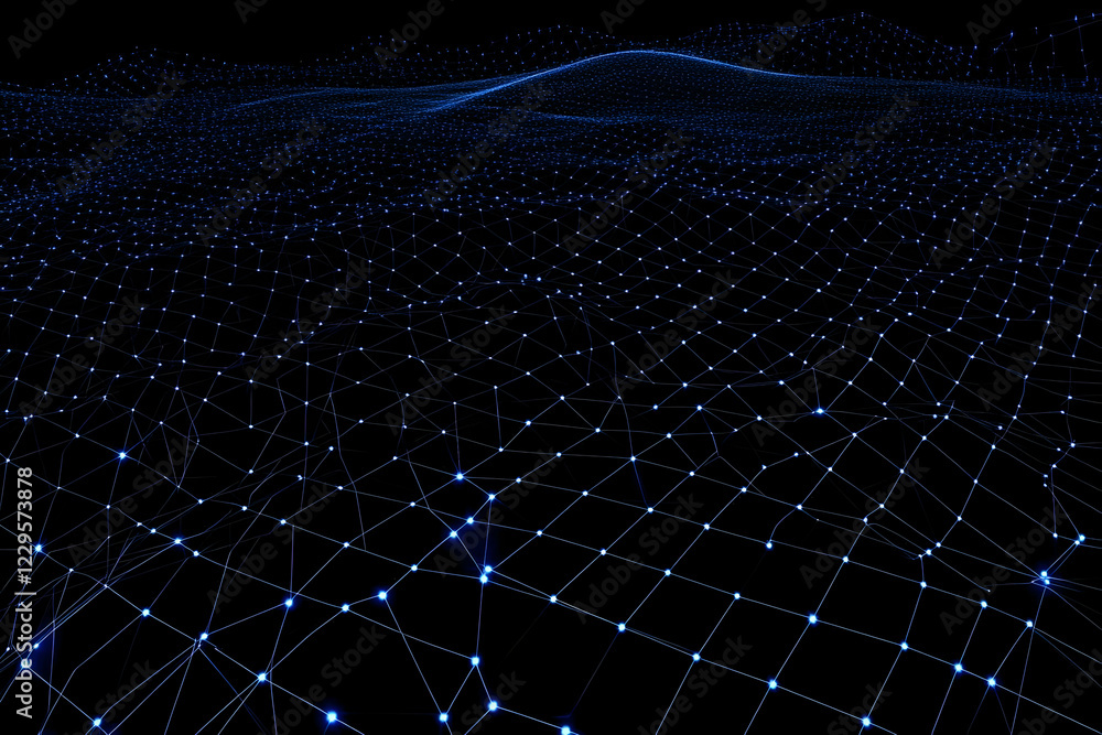 Aufkleber abstract 3d landscape forms a digital network with glowing blue nodes and connections over a dark ba