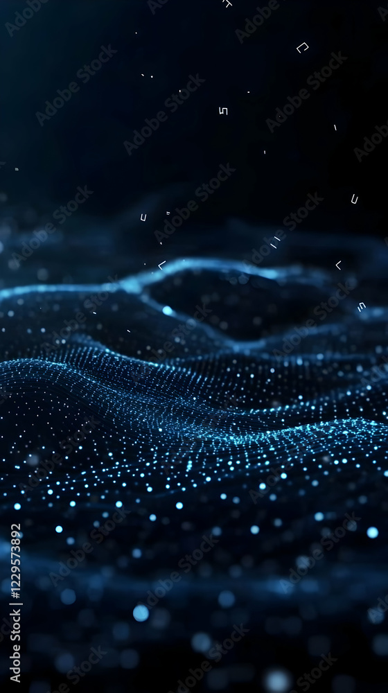 Poster abstract blue particle wave flows smoothly in the dark background with glowing dots
