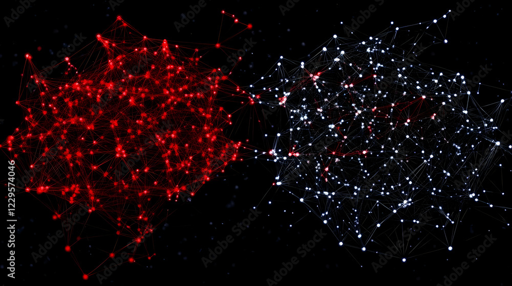 Poster abstract red and white network connections form two interconnected clusters on a black background