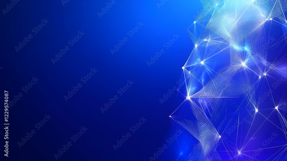 Poster abstract blue background shows interconnected lines and glowing nodes with digital art style.