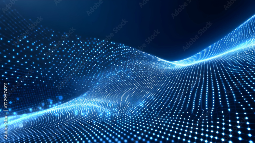Poster abstract blue wave of glowing particles forms a digital landscape with dynamic flow.