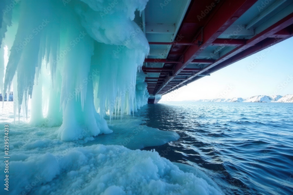 Wall mural Thick layers of ice and icicles form on the underside of a ferry crossing Baikal Lake, ice, ship, cold