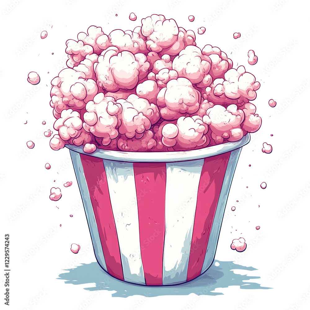 Poster an illustration of a pink popcorn overflowing from a striped container with some pieces scattered ar