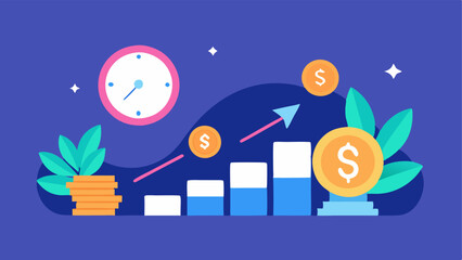 Naklejka premium Time Decay of Investments A clock graphic showing coins being invested over time and growing in size to represent how longterm investments yield better returns in DeFi.