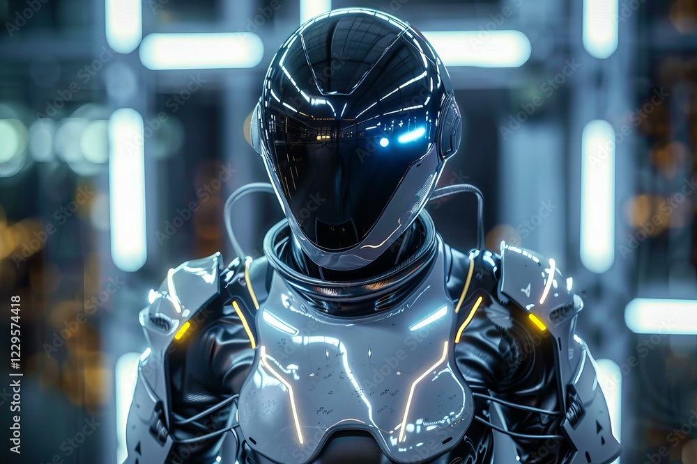 Poster futuristic robot with glowing visor standing in laboratory or factory setting, concept of advanced t