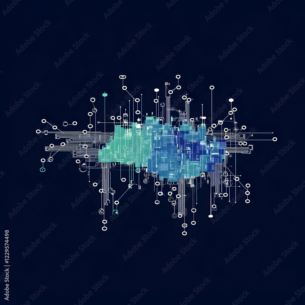 Poster abstract circuit board illustration shows complex network of connections and components on dark back