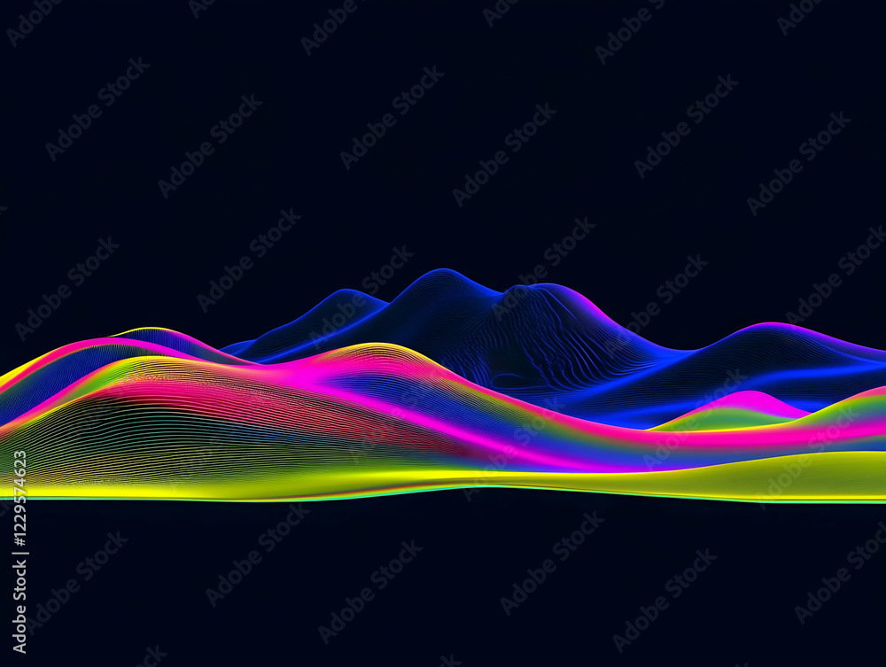 Poster abstract 3d neon landscape with colorful flowing lines and curves on a dark background