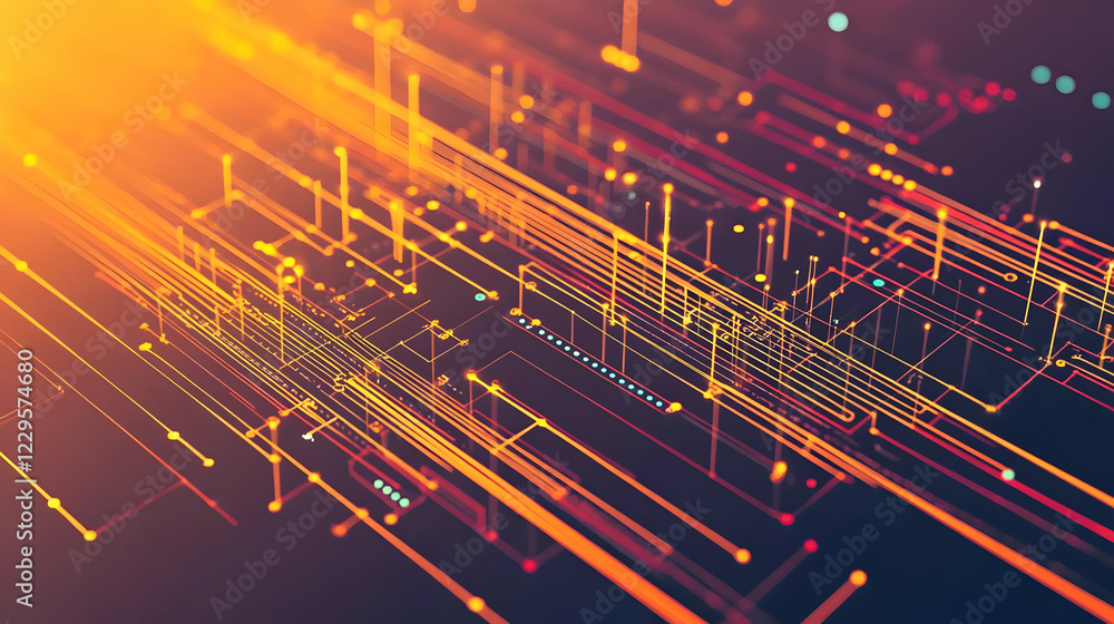 Poster abstract glowing lines and dots form intricate network structure with vibrant colors and futuristic 