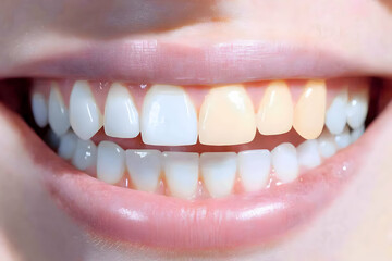 Fototapeta premium Close-up of teeth showing the difference between whitened and natural teeth color clearly.