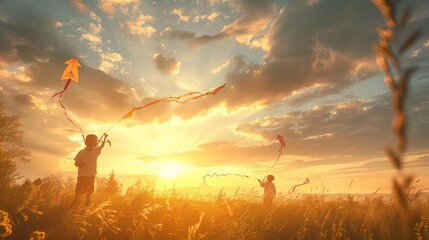 Children flying kites at sunset in a grassy field with vibrant clouds and warm light