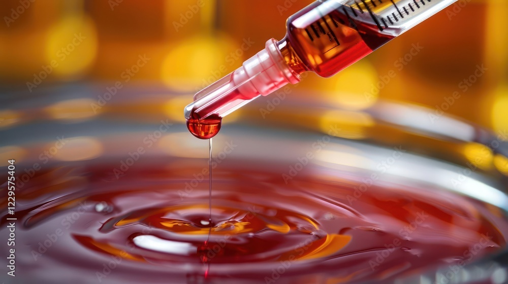 Poster close-up of a syringe dripping red liquid into a reflective surface with a blurred warm background