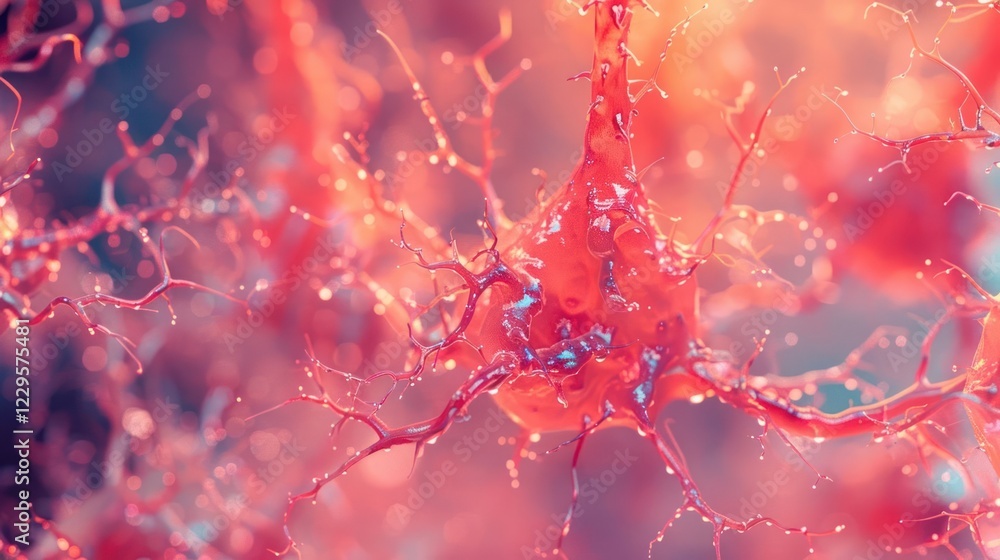 Poster close-up view of a neuron with vibrant colors and intricate details in a scientific context