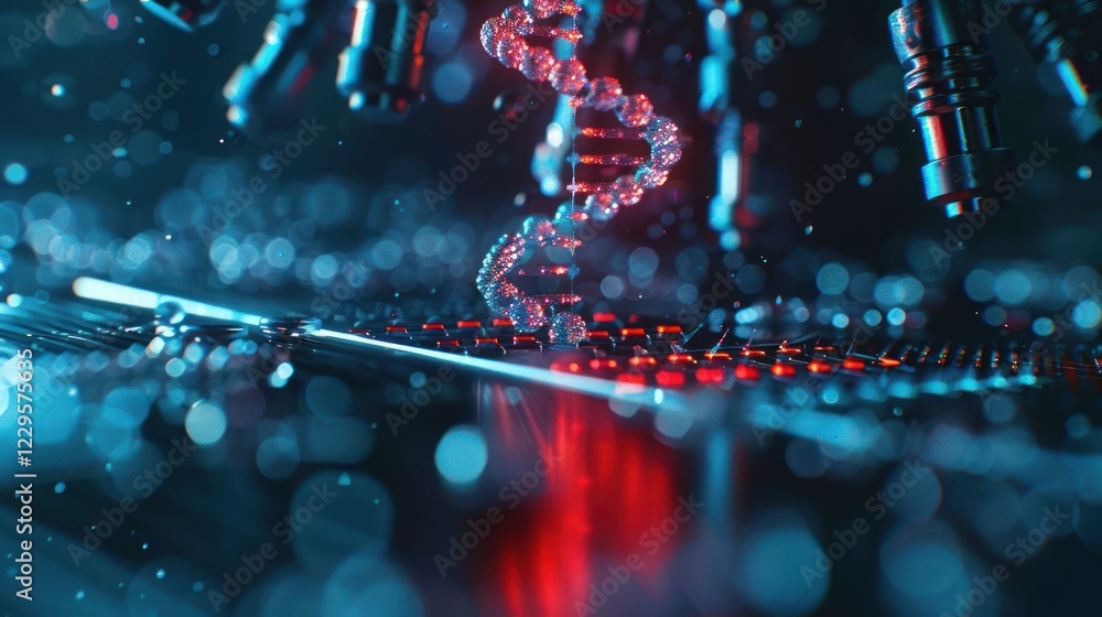 Poster futuristic representation of dna strands being manipulated by robotic arms in a high-tech lab