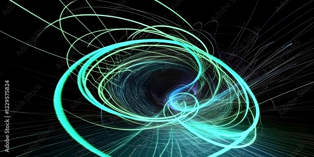 Poster abstract light trails form a dynamic swirling vortex on a dark background.
