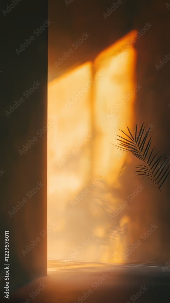 Poster soft sunlight casts a palm leaf shadow on a minimalist wall, creating a warm and inviting atmosphere