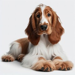 A charming spaniel puppy lies comfortably on a soft surface, showcasing its beautiful coat and big curious eyes while emanating an aura of innocence and playfulness