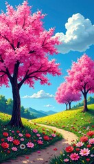 Pink spring trees with colorful flowers against a blue sky, trees, colorful, acrylic painting